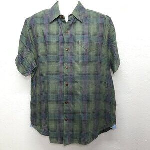 True Grit Button Shirt Mens L Green Purple Plaid Linen Short Sleeve Pocket